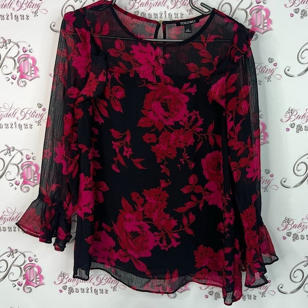 Roz & Ali blouse ruffle flowers red Black Blouse with Pink Floral Design